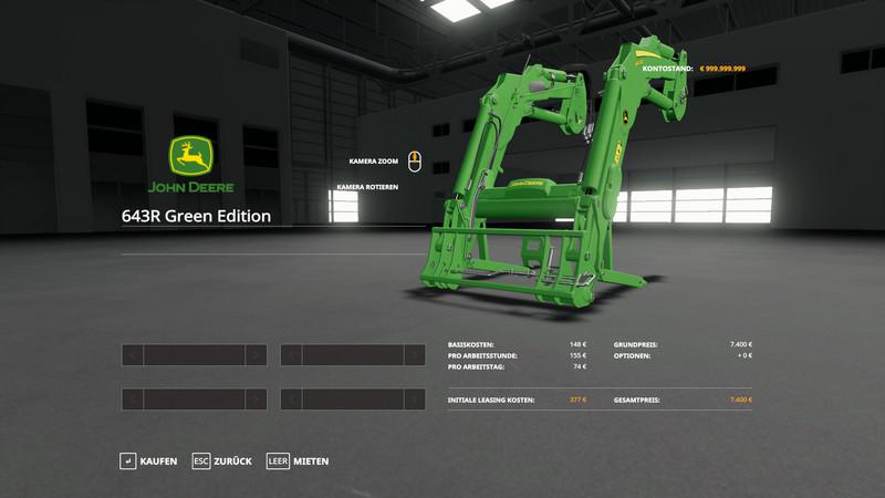 Мод John Deere 6R + 643R Green + Black Pack v 1.0.0.3 для Farming Simulator 2019